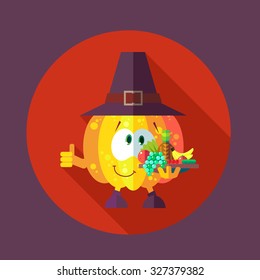 Flat vector card with chef cartoon pumpkin and kitchenware for menu in a restaurant or an invitation to Thanksgiving Day