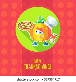 Flat vector card with chef cartoon pumpkin and kitchenware for menu in a restaurant or an invitation to Thanksgiving Day