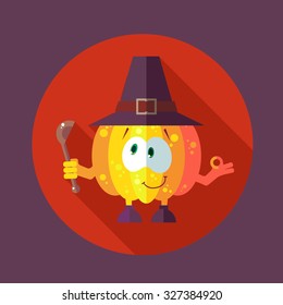 Flat vector card with chef cartoon pumpkin and kitchenware for menu in a restaurant or an invitation to Thanksgiving Day