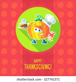 Flat vector card with chef cartoon pumpkin and kitchenware for menu in a restaurant or an invitation to Thanksgiving Day