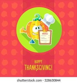 Flat vector card with chef cartoon pumpkin and kitchenware for menu in a restaurant or an invitation to Thanksgiving Day