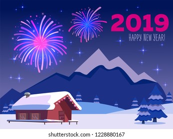 Flat vector card with fireworks over mountain landscape with country house with inscription 2019 Happy new year in purple-pink colors. Holiday at the ski resort. Sky full of firework lights and stars