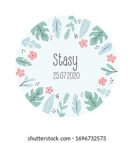 Flat vector card with leaves and flowers for party invitations, birthday greetings