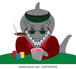 A flat vector card shark is playing poker