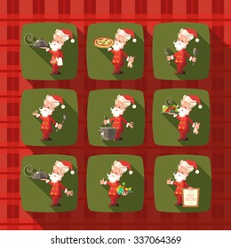 Flat vector cards set with cartoon Santa Claus and kitchenware for menu in a restaurant or an invitation to Christmas and New Year party