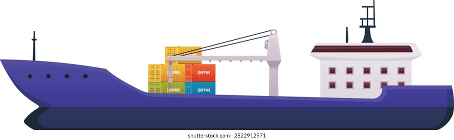 Flat vector cargo ship illustration element for trade and shipping logistics. Side view freighter with containers, crane, bridge, mast, hull, deck, and cargo load.