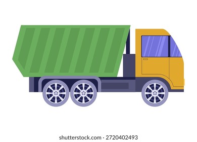 Flat vector cargo truck illustration in side view. Cartoon container lorry isolated on white background for logistics, freight, shipping, transportation, industry concepts.