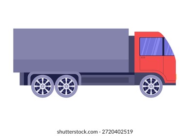 Flat vector cargo truck illustration in side view. Cartoon container lorry isolated on white background for logistics, freight, shipping, transportation, industry concepts.
