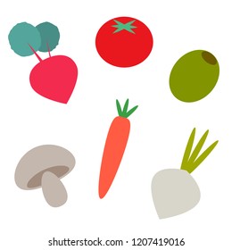 Flat vector of a carrot, a mushroom, an onion, a beet, a tomato and an olive