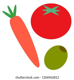 Flat vector of a carrot, a tomato and an olive