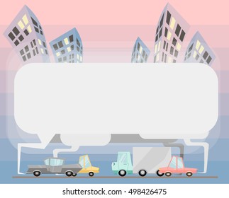Flat vector of cars emit smoke in big city. Environmental pollution, ecology disaster concept. Text space.