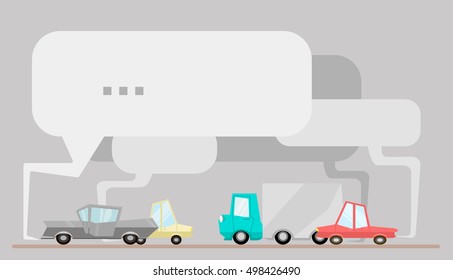 Flat vector of cars emit smoke. Environmental pollution, ecology disaster concept. Text space.