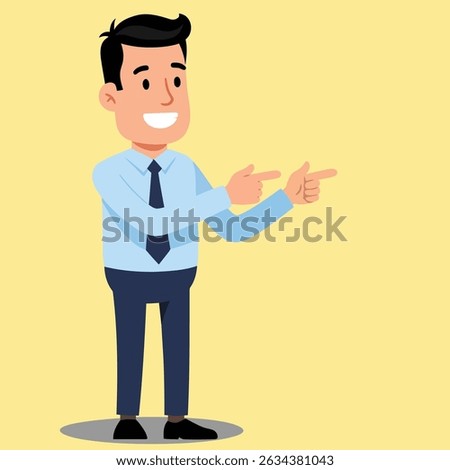Flat vector cartoon of an adult man with short hair, wearing a light blue formal shirt, dark trousers, and black shoes. Ideal for presentations, business concepts, direction indicators, or promotional