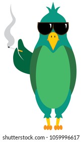 A flat vector cartoon bird in shades thinks it's cool to smoke