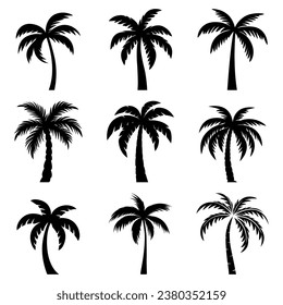 Flat Vector Cartoon Black and White Palm Trees, Palm Tree Silhouette Icon Set Isolated. Palm Design Template for Tropical, Vacation, Beach, Summer Concept. Vector Illustration. Front View