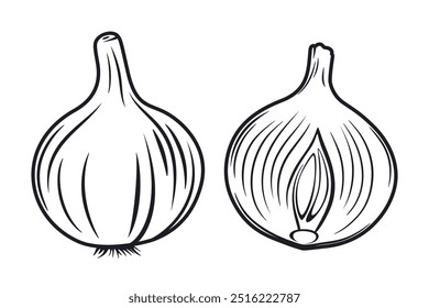 Flat Vector Cartoon Black and White Outlined Onion Whole, Halved. Hand Drawn Fresh Onion. Vegetable Illustration. Onion Clipart, Icon Closeup Isolated. Food Design, Healthy Cooking Ingredient