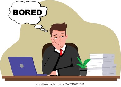 Flat vector cartoon of a bored young man at his office desk, resting his chin on his hand with a blank stare. Piles of paperwork emphasize the burnout and boredom theme.