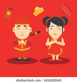 flat vector cartoon boy and girl celebrate chinese new year