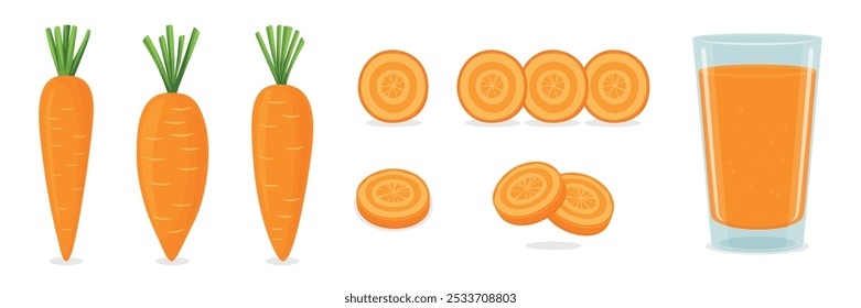 Flat Vector Cartoon Carrot Illustration Set. Whole and Sliced Isolated Carrots with Fresh Carrot Juice Glass. Colorful, Fun Design Template, Clipart for Food and Drink Concept