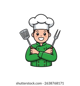 A flat vector cartoon chef smiling with folded arms and holding a spatula and fork