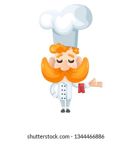 Flat vector cartoon chef welcome gesture with red towel on hand