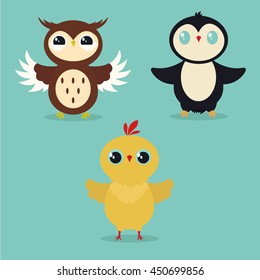 flat vector cartoon chick owl penguin for animation 