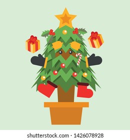 flat vector cartoon christmas tree christmas and a happy new year