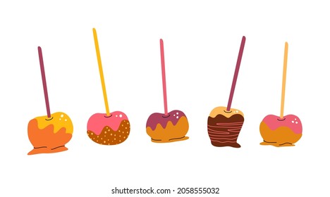 Flat vector cartoon collection of apples covered with caramel. Delicious dessert for children and adults. Isolated design on a white background.