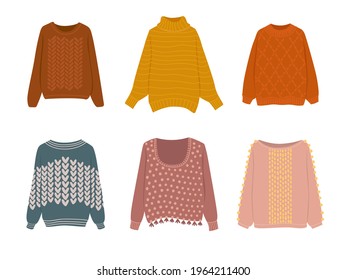 Flat vector cartoon collection of cozy warm sweaters in different colors and shapes. Set of women's knitted clothing on a white background