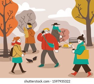 Flat vector cartoon colorful  illustration of people walking at park 