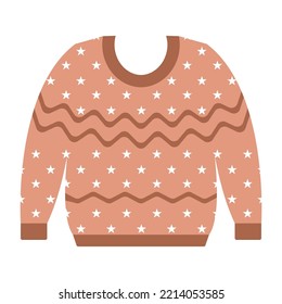 Flat vector cartoon cozy warm sweaters in different colors and shapes. Women's or man knitted clothing on a white background. Christmas and new year