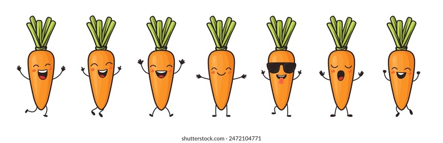 Flat Vector Cartoon Cute and Funny Carrot Character. Dancing, Smiling, Happy, Singing Carrot with Different Faces and Emotions. Carrot Icon, Logo, Vector Illustration in Kawaii Style