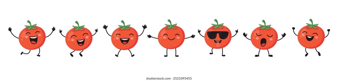 Flat Vector Cartoon Cute and Funny Tomato Character. Dancing, Smiling, Happy, Singing Tomato with Different Faces and Emotions. Tomato Icon, Logo, Vector Illustration in Kawaii Style