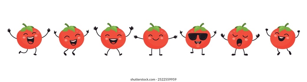 Flat Vector Cartoon Cute and Funny Tomato Character. Dancing, Smiling, Happy, Singing Tomato with Different Faces and Emotions. Tomato Icon, Logo, Vector Illustration in Kawaii Style