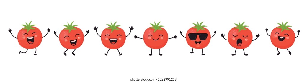 Flat Vector Cartoon süß und lustige Tomate Charakter. Tanzen, Lächeln, Glücklich, Singen Tomate mit verschiedenen Gesichtern und Emotionen. Tomatensymbol, Logo, Vektorgrafik im Kawaii-Stil