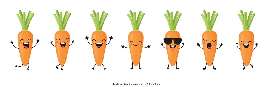 Flat Vector Cartoon Cute and Funny Carrot Character. Dancing, Smiling, Happy, Singing Carrot with Different Faces and Emotions. Carrot Icon, Logo, Vector Illustration in Kawaii Style