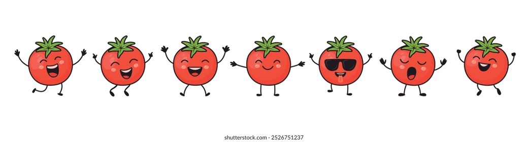 Flat Vector Cartoon Cute and Funny Tomato Character. Dancing, Smiling, Happy, Singing Tomato with Different Faces and Emotions. Tomato Icon, Logo, Vector Illustration in Kawaii Style