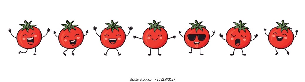 Flat Vector Cartoon Cute and Funny Tomato Character. Dancing, Smiling, Happy, Singing Tomato with Different Faces and Emotions. Tomato Icon, Logo, Vector Illustration in Kawaii Style