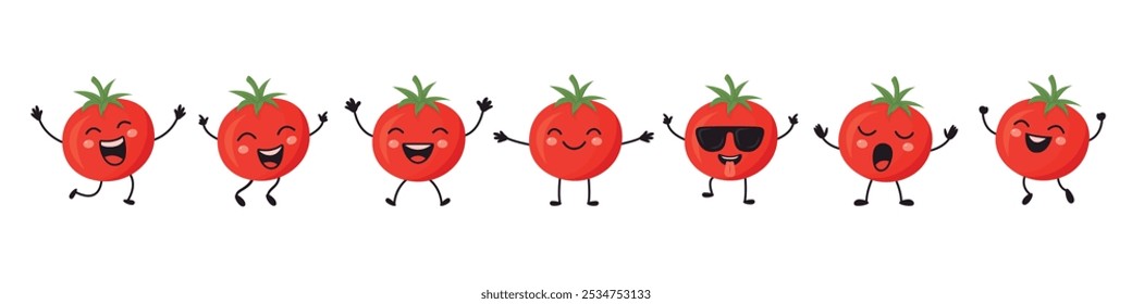 Flat Vector Cartoon Cute and Funny Tomato Character. Dancing, Smiling, Happy, Singing Tomato with Different Faces and Emotions. Tomato Icon, Logo, Vector Illustration in Kawaii Style