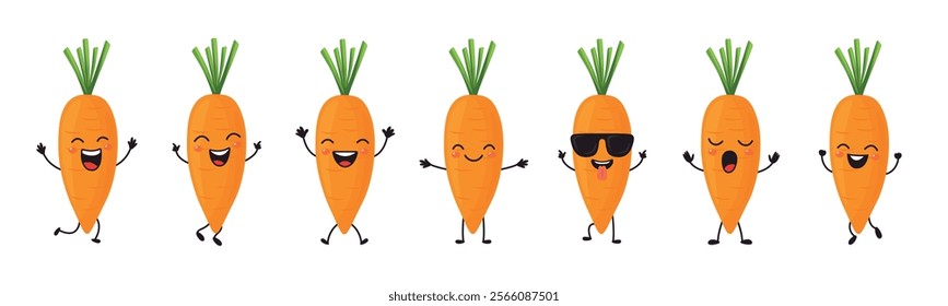 Flat Vector Cartoon Cute and Funny Carrot Character. Dancing, Smiling, Happy, Singing Carrot with Different Faces and Emotions. Carrot Icon, Logo, Vector Illustration in Kawaii Style