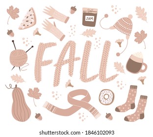 Flat vector cartoon decorative design composition with Fall lettering and seasonal elements. Beautiful cozy hand drawn knitted word on a white background