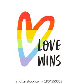 Flat vector cartoon design of the inspirational phrase love wins with a multicolored heart. LGBT slogan for greeting card, t-shirt print, poster. Isolated design on white background