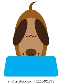 A flat vector cartoon dog is enjoying a meal