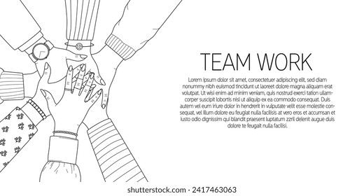 Flat vector cartoon doodle illustration of a stack of women's hands. The concept of support, unity, teamwork, sisterhood, cohesion. A banner with space for text.