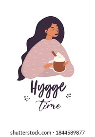 Flat vector cartoon drawing of a woman with a hot drink in her hands. The concept of hygge style. Isolated illustration on a white background