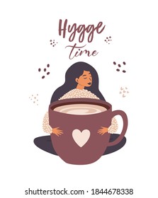 Flat vector cartoon drawing of a woman sitting next to a huge Cup of hot drink. The concept of the hugge style. Isolated illustration on a white background