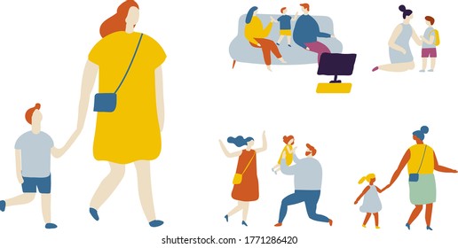 Flat vector cartoon family set. Mother with child. Childhood. Outdoor.