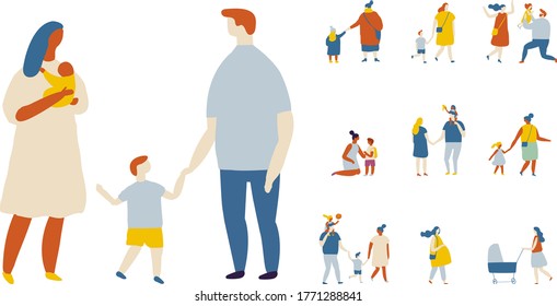 Flat vector cartoon family set. Parents and kids. Childhood. Outdoor.