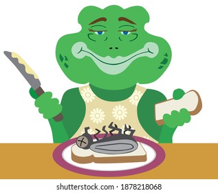 A flat vector cartoon frog mom is preparing a fly sandwich