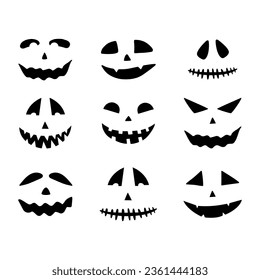 Flache Vektorgrafik Halloween Set von lustigen gruseligen Kürbis- oder Geistergesichtern. Einzigartiges Design auf weißem Hintergrund.